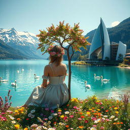 A super realistic photograph showcasing a woman sitting sideways in a dress on a flower-covered shore of a lake, located in the left side of the image