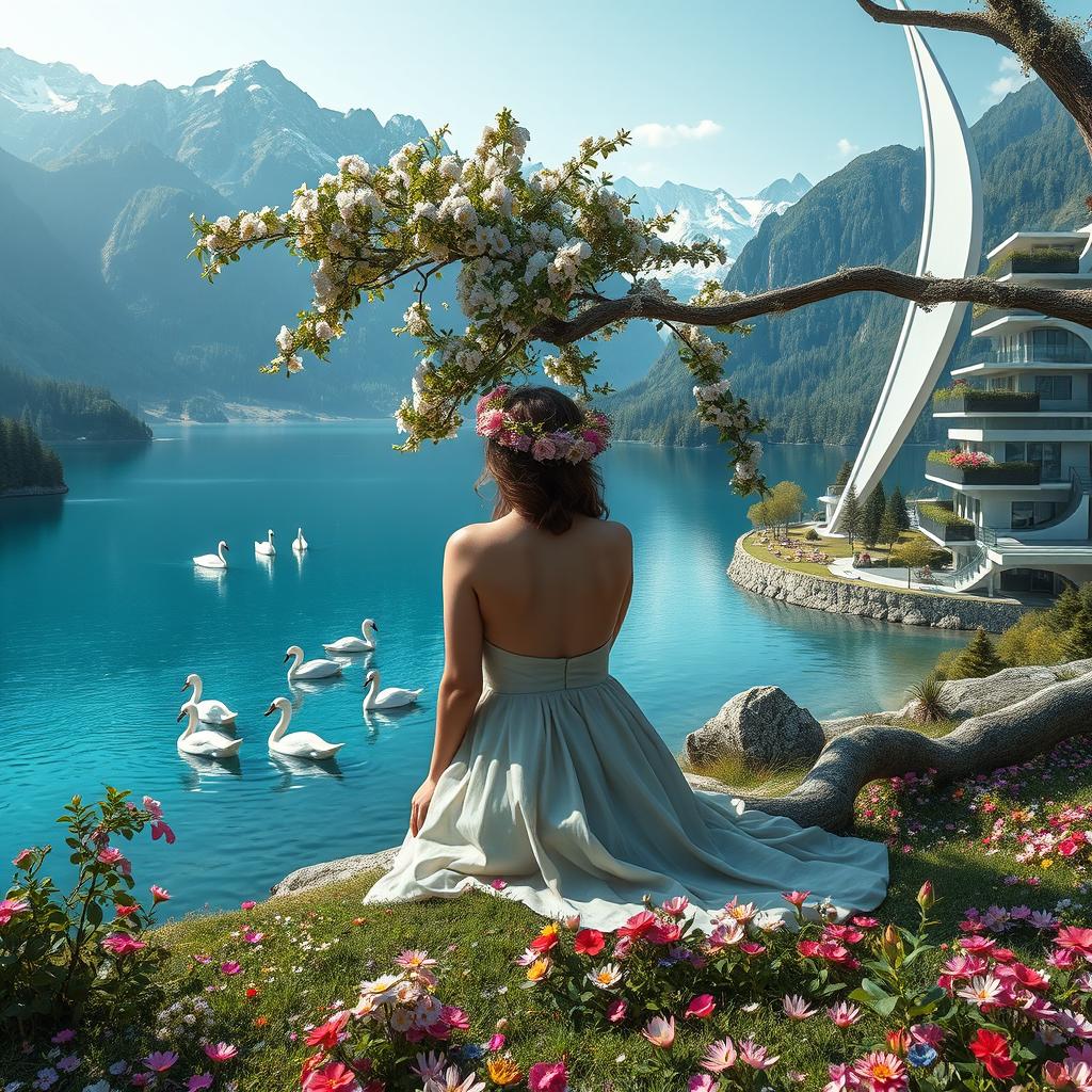 A super realistic photograph showcasing a woman sitting sideways in a dress on a flower-covered shore of a lake, located in the left side of the image