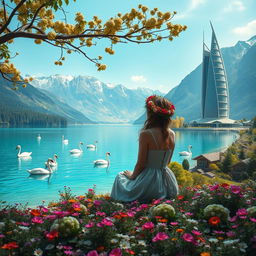 A super realistic photograph showcasing a woman sitting sideways in a dress on a flower-covered shore of a lake, located in the left side of the image