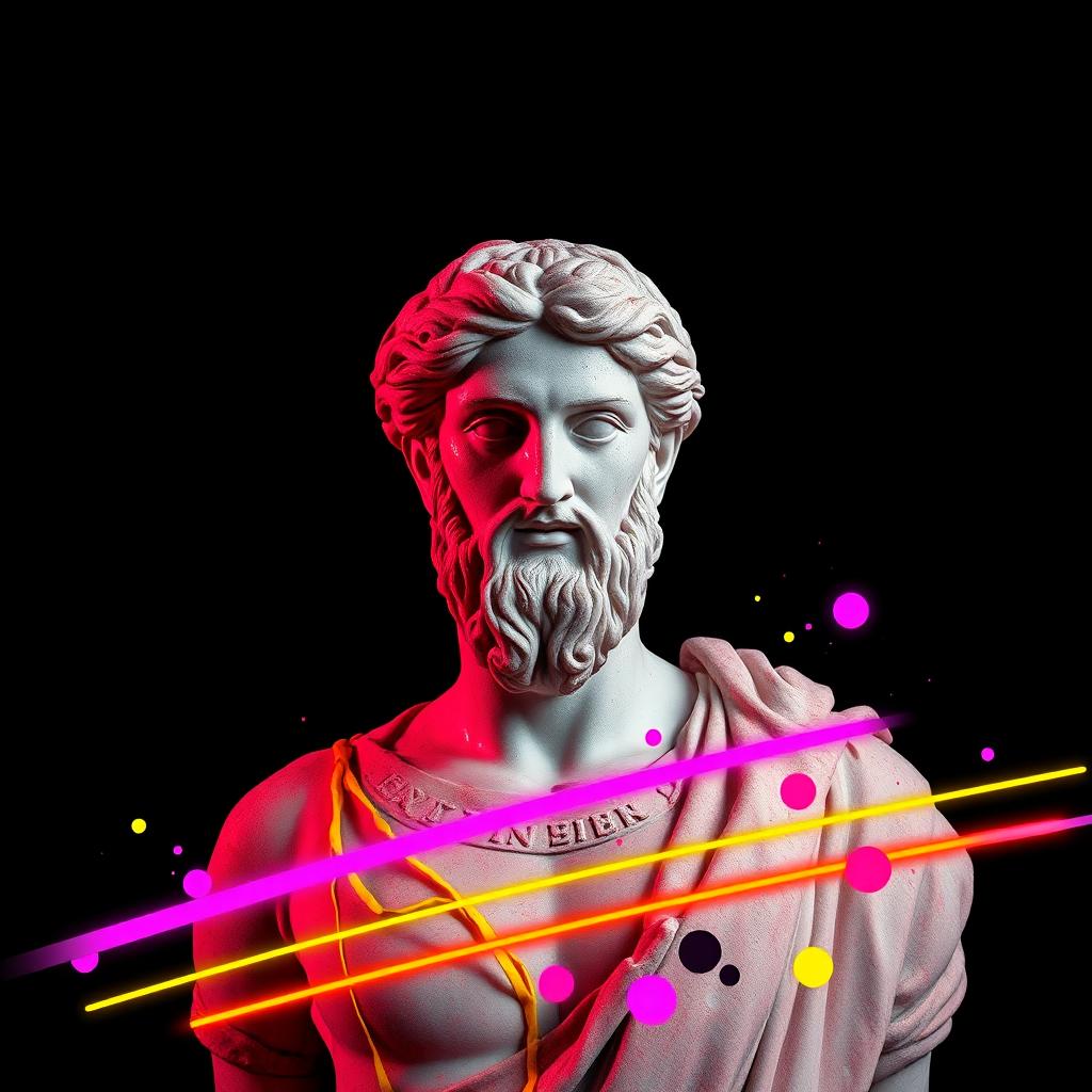 A rectangular photograph featuring a central sculpture from ancient Greece splattered with neon paints