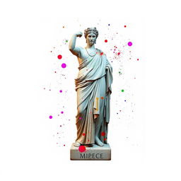 A rectangular photograph featuring a central sculpture from ancient Greece splattered with neon paints