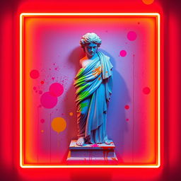 A rectangular photograph featuring a central sculpture from ancient Greece splattered with neon paints