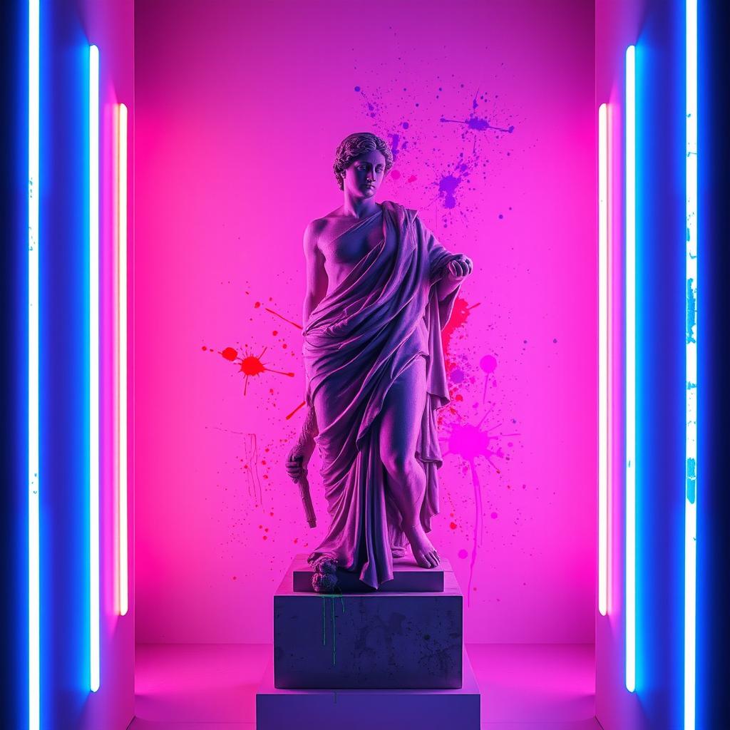 A rectangular photograph featuring a central sculpture from ancient Greece splattered with neon paints