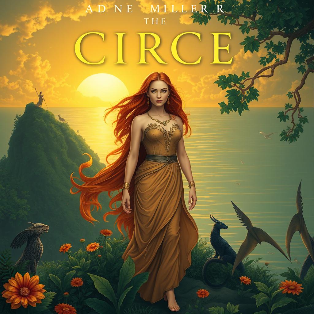 an enchanting scene of Circe, the daughter of the sun god Helios, standing on the island of Aiaia, surrounded by lush greenery and mythical creatures, she is depicted as a powerful and beautiful sorceress with flowing auburn hair and a commanding presence, the background features a view of the vast ocean under a golden sunset, evoking a sense of myth and magic, capturing the essence of Madeline Miller's "Circe" as a reimagined Greek myth, with elements of her enchantment and exile highlighted