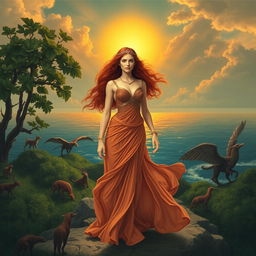 an enchanting scene of Circe, the daughter of the sun god Helios, standing on the island of Aiaia, surrounded by lush greenery and mythical creatures, she is depicted as a powerful and beautiful sorceress with flowing auburn hair and a commanding presence, the background features a view of the vast ocean under a golden sunset, evoking a sense of myth and magic, capturing the essence of Madeline Miller's "Circe" as a reimagined Greek myth, with elements of her enchantment and exile highlighted