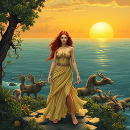 an enchanting scene of Circe, the daughter of the sun god Helios, standing on the island of Aiaia, surrounded by lush greenery and mythical creatures, she is depicted as a powerful and beautiful sorceress with flowing auburn hair and a commanding presence, the background features a view of the vast ocean under a golden sunset, evoking a sense of myth and magic, capturing the essence of Madeline Miller's "Circe" as a reimagined Greek myth, with elements of her enchantment and exile highlighted