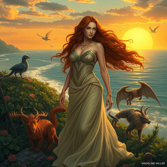 an enchanting scene of Circe, the daughter of the sun god Helios, standing on the island of Aiaia, surrounded by lush greenery and mythical creatures, she is depicted as a powerful and beautiful sorceress with flowing auburn hair and a commanding presence, the background features a view of the vast ocean under a golden sunset, evoking a sense of myth and magic, capturing the essence of Madeline Miller's "Circe" as a reimagined Greek myth, with elements of her enchantment and exile highlighted