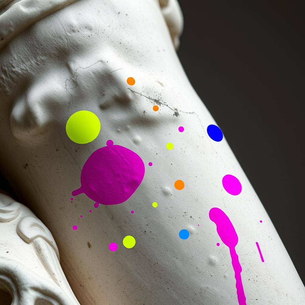 A rectangular photograph featuring a close-up of a part of a famous sculpture splattered with neon paints