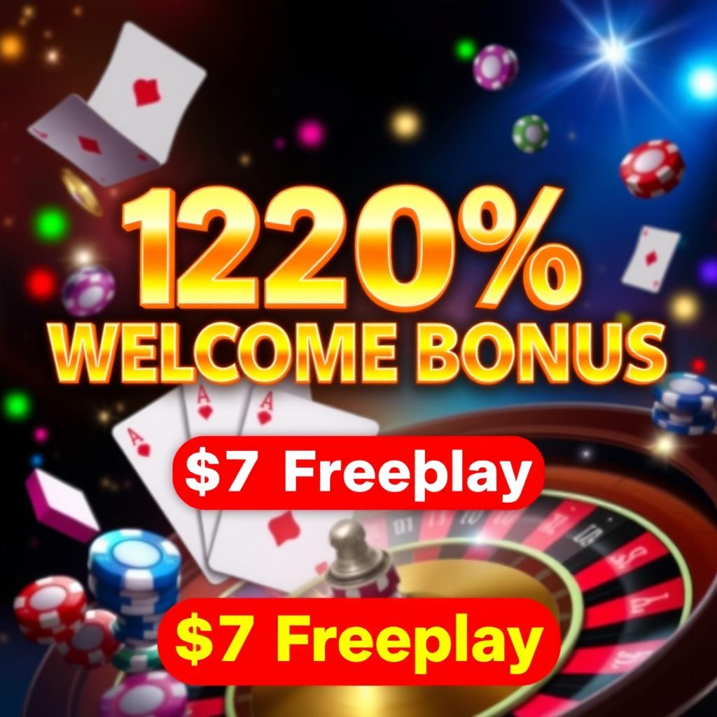 An eye-catching casino promotion graphic featuring the text '120% Welcome Bonus' in bold, shiny gold letters, and '$7 Freeplay' in vibrant red