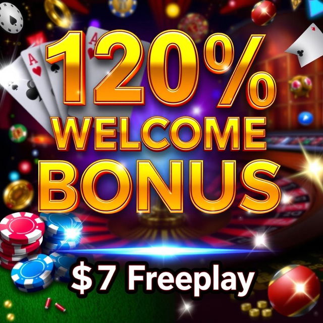 An eye-catching casino promotion graphic featuring the text '120% Welcome Bonus' in bold, shiny gold letters, and '$7 Freeplay' in vibrant red