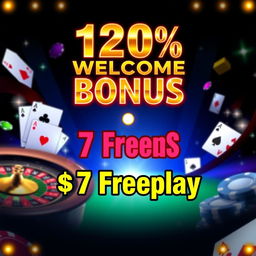 An eye-catching casino promotion graphic featuring the text '120% Welcome Bonus' in bold, shiny gold letters, and '$7 Freeplay' in vibrant red