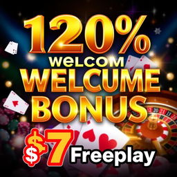 An eye-catching casino promotion graphic featuring the text '120% Welcome Bonus' in bold, shiny gold letters, and '$7 Freeplay' in vibrant red