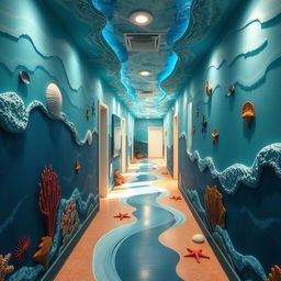 Imaginative corridor design inspired by the sea, incorporating ocean textures, colors, and environments with a touch of fantasy