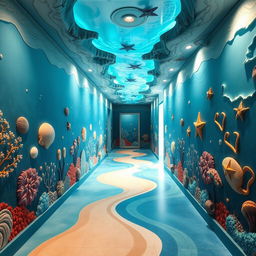 Imaginative corridor design inspired by the sea, incorporating ocean textures, colors, and environments with a touch of fantasy