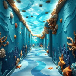 Imaginative corridor design inspired by the sea, incorporating ocean textures, colors, and environments with a touch of fantasy