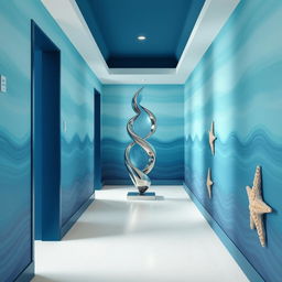 Interior design of a corridor inspired by the sea, featuring an abstract sculpture