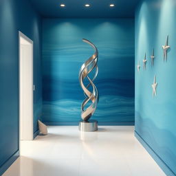 Interior design of a corridor inspired by the sea, featuring an abstract sculpture