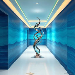 Interior design of a corridor inspired by the sea, featuring an abstract sculpture