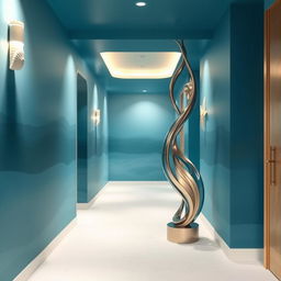 Interior design of a corridor inspired by the sea, featuring an abstract sculpture