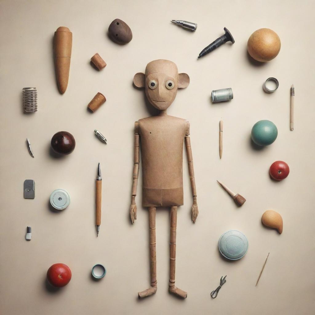 Create an illustration of a non-human character assembled from various everyday objects, evoking intrigue and creativity.