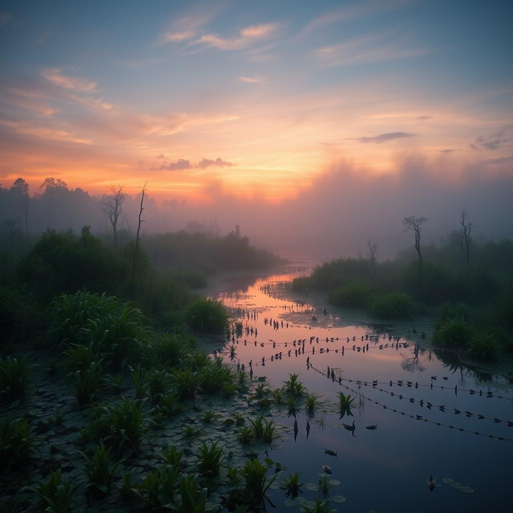 a mesmerizing view of the North Carolina marshlands at dawn, capturing the natural beauty and tranquility of the setting, with lush greenery, still waters reflecting the sky, and abundant wildlife like herons and crawdads, evoking a sense of mystery and a coming-of-age journey, inspired by the themes and atmosphere of "Where the Crawdads Sing" by Delia Owens, the scene is infused with a gentle mist and warm, soft lighting, highlighting the connection to nature and a sense of solitude