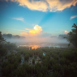 a mesmerizing view of the North Carolina marshlands at dawn, capturing the natural beauty and tranquility of the setting, with lush greenery, still waters reflecting the sky, and abundant wildlife like herons and crawdads, evoking a sense of mystery and a coming-of-age journey, inspired by the themes and atmosphere of "Where the Crawdads Sing" by Delia Owens, the scene is infused with a gentle mist and warm, soft lighting, highlighting the connection to nature and a sense of solitude