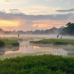 a mesmerizing view of the North Carolina marshlands at dawn, capturing the natural beauty and tranquility of the setting, with lush greenery, still waters reflecting the sky, and abundant wildlife like herons and crawdads, evoking a sense of mystery and a coming-of-age journey, inspired by the themes and atmosphere of "Where the Crawdads Sing" by Delia Owens, the scene is infused with a gentle mist and warm, soft lighting, highlighting the connection to nature and a sense of solitude