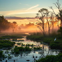 a mesmerizing view of the North Carolina marshlands at dawn, capturing the natural beauty and tranquility of the setting, with lush greenery, still waters reflecting the sky, and abundant wildlife like herons and crawdads, evoking a sense of mystery and a coming-of-age journey, inspired by the themes and atmosphere of "Where the Crawdads Sing" by Delia Owens, the scene is infused with a gentle mist and warm, soft lighting, highlighting the connection to nature and a sense of solitude