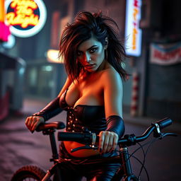 A sultry woman with an adventurous allure, posing provocatively with her bicycle in a dimly lit urban setting