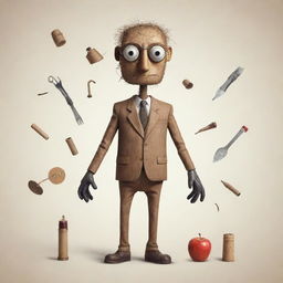 Create an illustration of a non-human character assembled from various everyday objects, evoking intrigue and creativity.