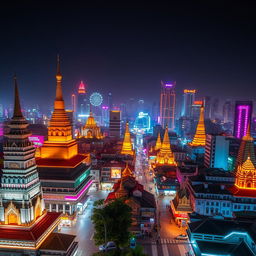 A sprawling cyberpunk cityscape with distinct Myanmar cultural influences