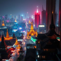 A sprawling cyberpunk cityscape with distinct Myanmar cultural influences