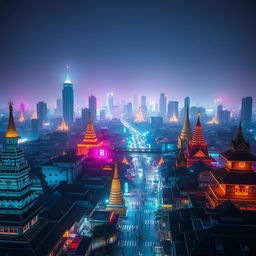 A sprawling cyberpunk cityscape with distinct Myanmar cultural influences