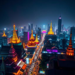 A sprawling cyberpunk cityscape with distinct Myanmar cultural influences