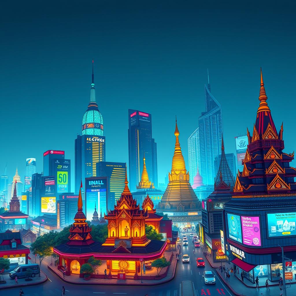 A panoramic view of a cyberpunk city skyline infused with Myanmar cultural motifs