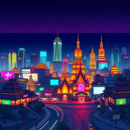 A panoramic view of a cyberpunk city skyline infused with Myanmar cultural motifs