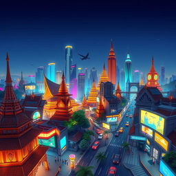 A panoramic view of a cyberpunk city skyline infused with Myanmar cultural motifs