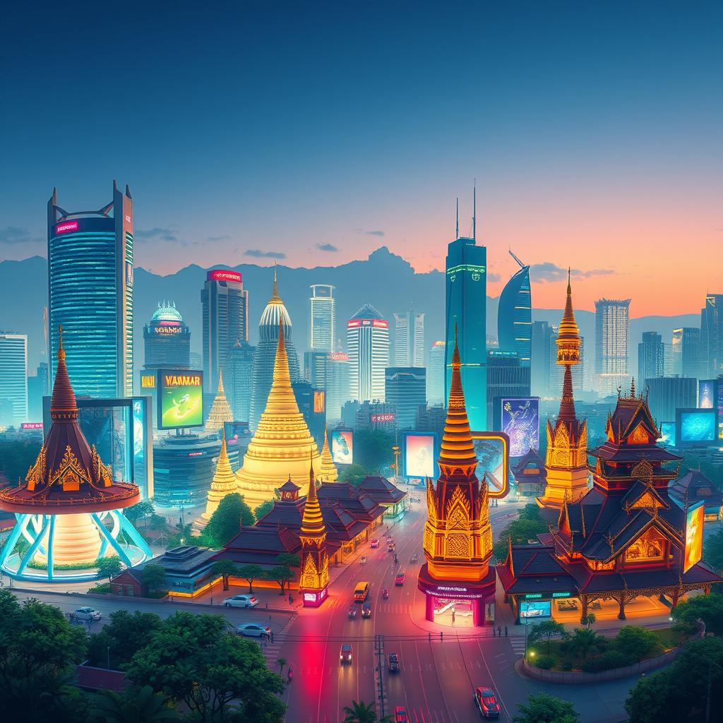 A panoramic view of a cyberpunk city skyline infused with Myanmar cultural motifs