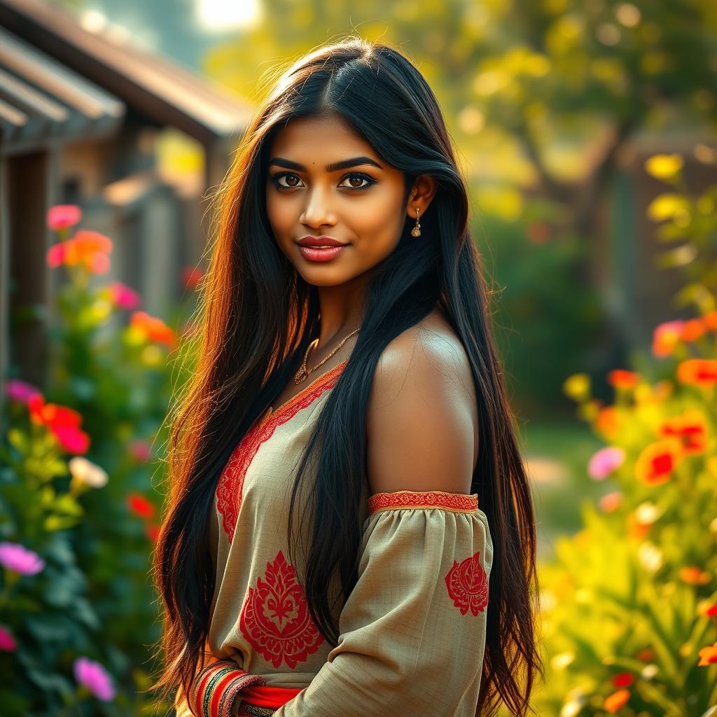 An Indian village girl with striking features, age 19, radiating a sensual allure and charismatic elegance