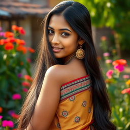 An Indian village girl with striking features, age 19, radiating a sensual allure and charismatic elegance