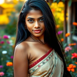 An Indian village girl with striking features, age 19, radiating a sensual allure and charismatic elegance