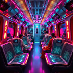 The interior of a cyberpunk train with subtle Myanmar elements