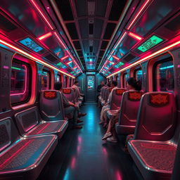 The interior of a cyberpunk train with subtle Myanmar elements