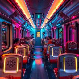 The interior of a cyberpunk train with subtle Myanmar elements