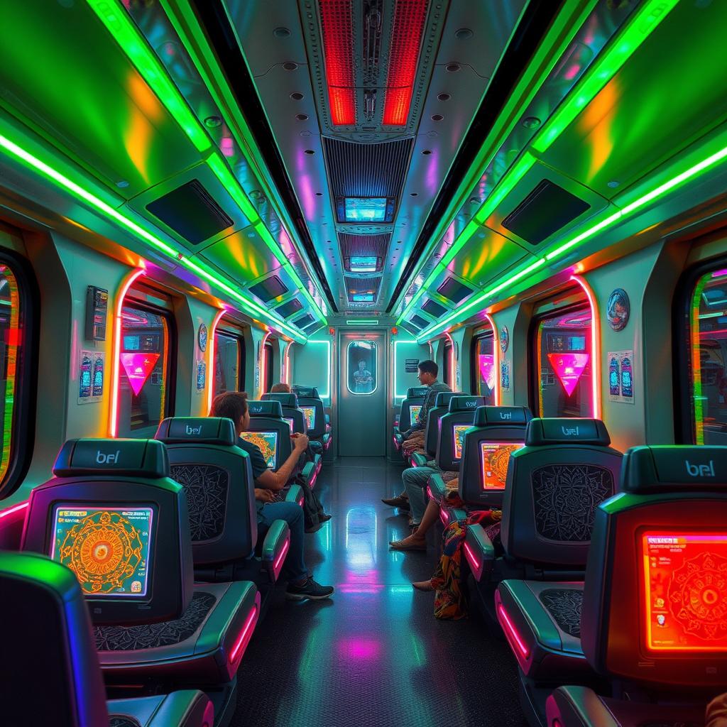 The interior of a cyberpunk train with subtle Myanmar elements