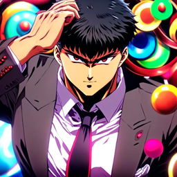 Anime profile picture featuring Guts from 'Berserk' in a tailored suit with an epic circle border of vibrant colors.