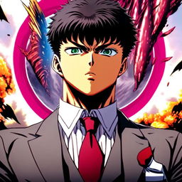 Anime profile picture featuring Guts from 'Berserk' in a tailored suit with an epic circle border of vibrant colors.