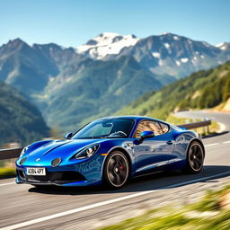 A sleek, modern Alpine A110 sports car zooming through a winding mountain road, surrounded by majestic alpine scenery with snow-capped peaks and lush green forests