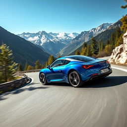 A sleek, modern Alpine A110 sports car zooming through a winding mountain road, surrounded by majestic alpine scenery with snow-capped peaks and lush green forests