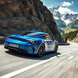 A sleek, modern Alpine A110 sports car zooming through a winding mountain road, surrounded by majestic alpine scenery with snow-capped peaks and lush green forests